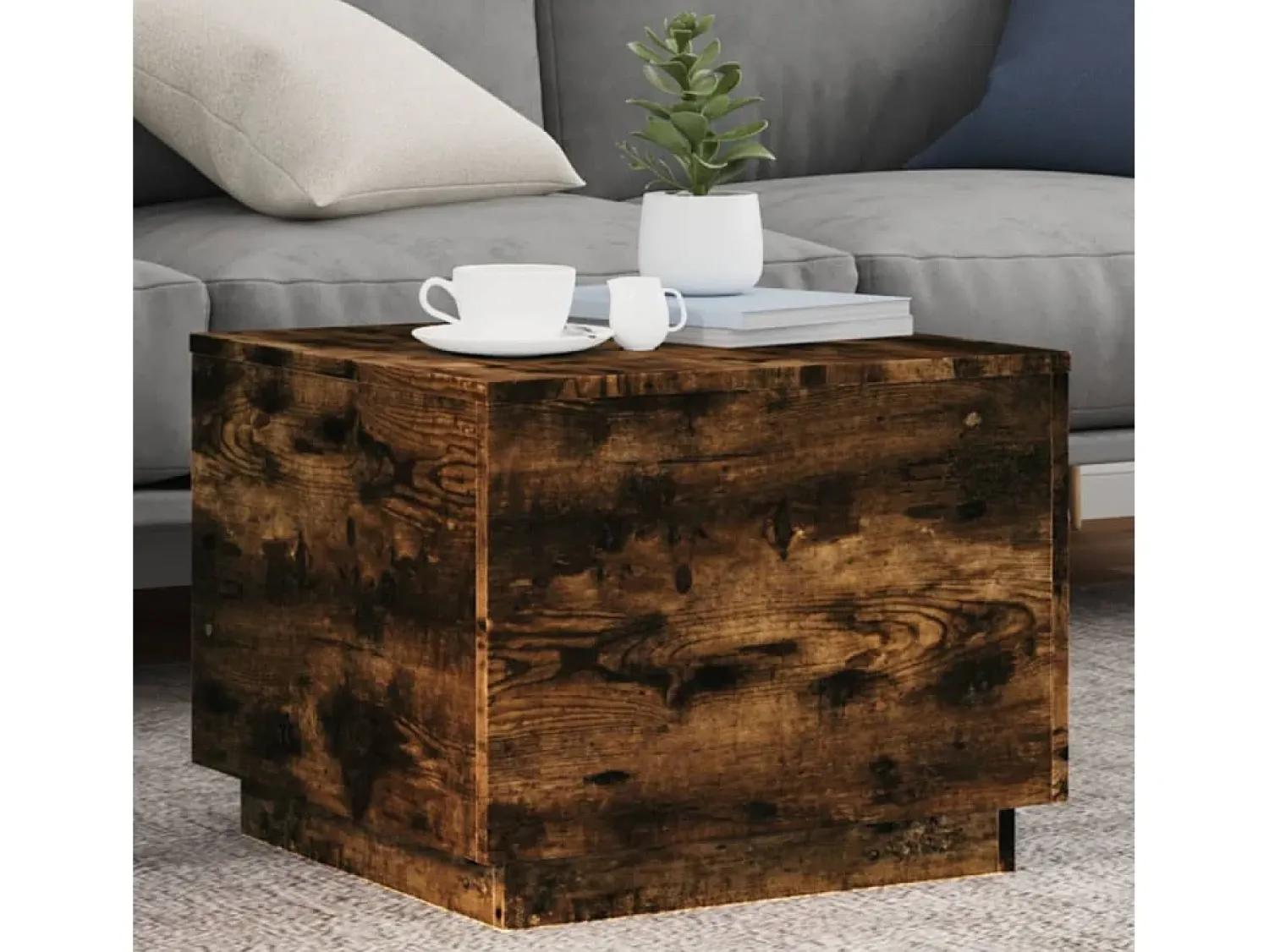 Mesa De Centro* Mesa de centro | Mesa de apoio com luzes LED 50x50x40 cm carvalho fumado Castanho