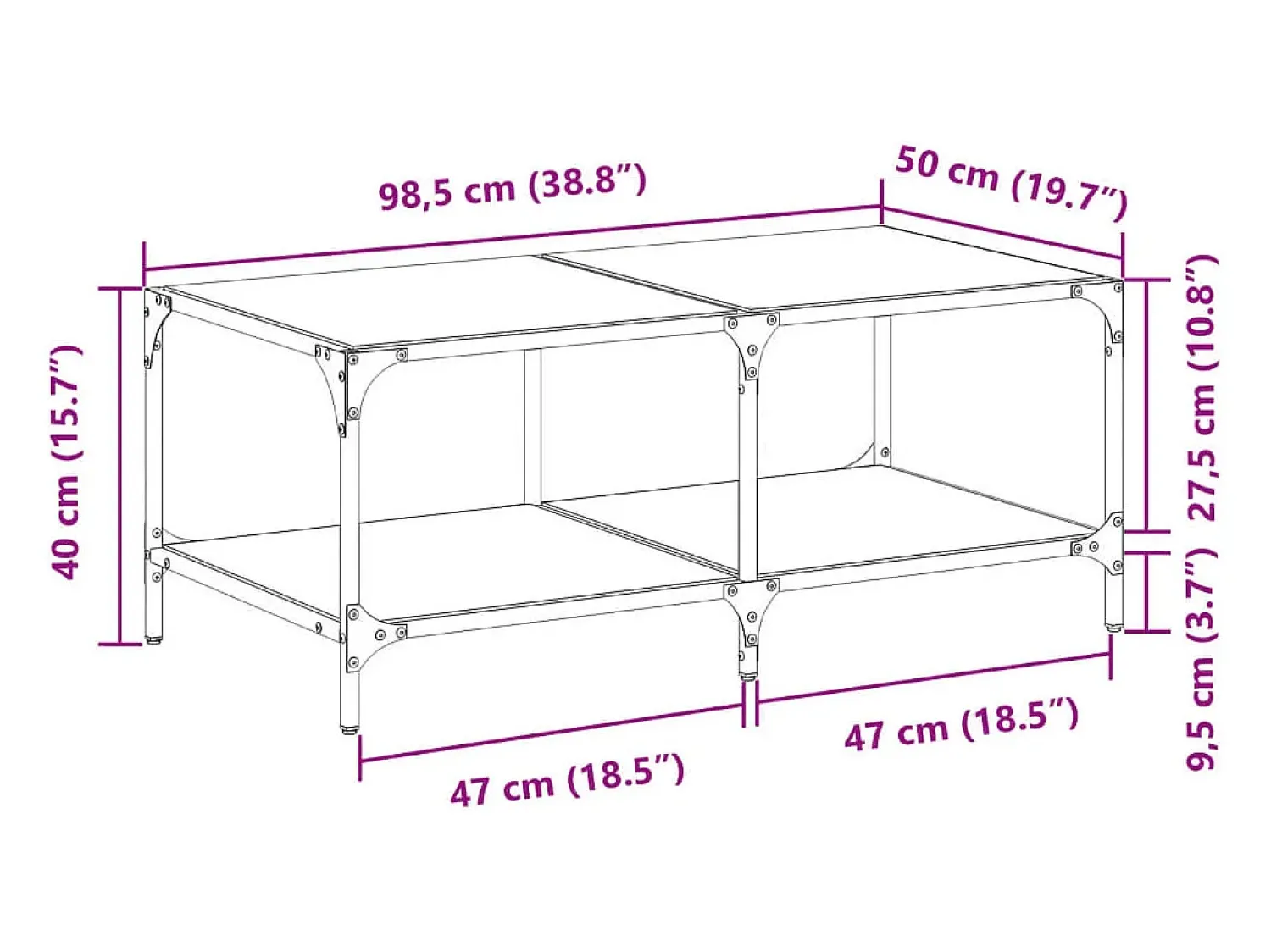 Mesa De Centro| Mesa de centro | Mesa de apoio c/ topo em vidro 98.5x50x40 cm aço Transparente