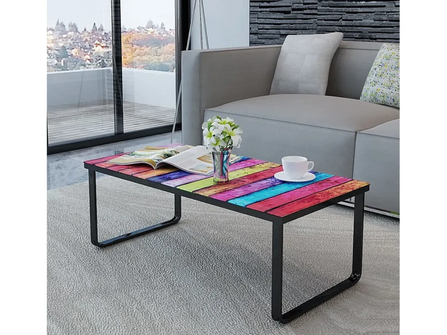 Mesa De Centro* Mesa de centro | Mesa de apoio tampo de vidro com impressão de arco-íris Multicor