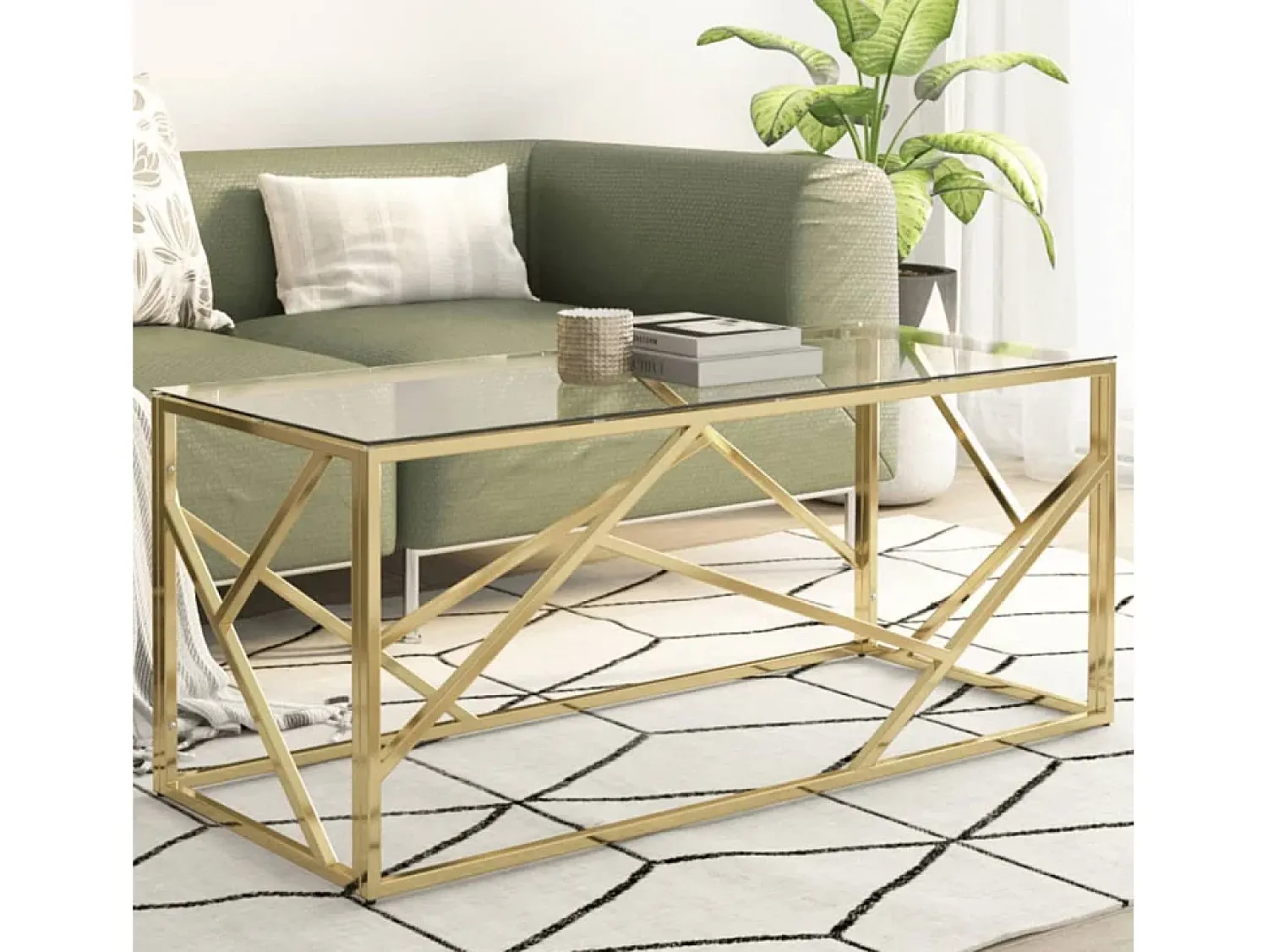 Mesa de centro | Mesa de apoio aço inoxidável e vidro temperado dourado^ Mesa De Centro