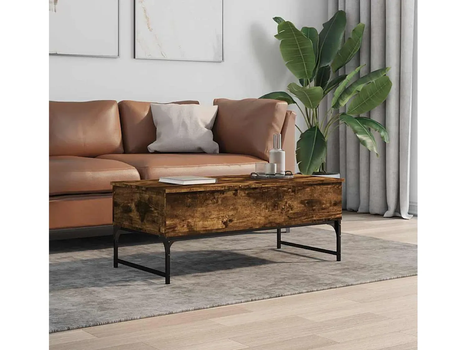 Mesa De Centro| Mesa de centro | Mesa de apoio 100x50x40cm deriv. madeira/metal carvalho fumado Castanho