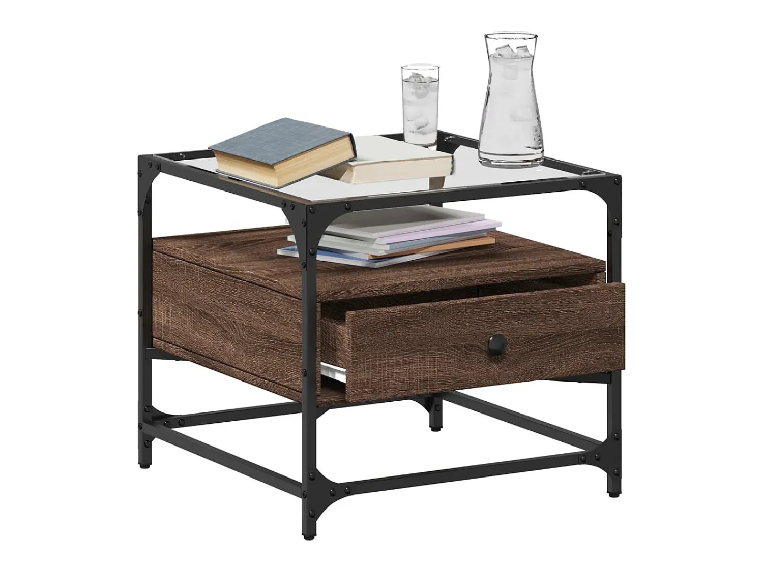 Discount Mesa de centro | Mesa de apoio c/ topo vidro 50x50x45 cm carvalho aço Castanho