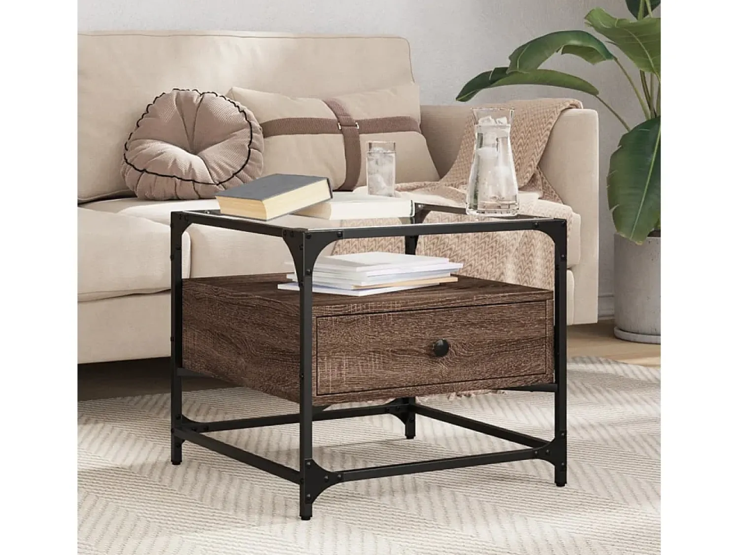 Discount Mesa de centro | Mesa de apoio c/ topo vidro 50x50x45 cm carvalho aço Castanho