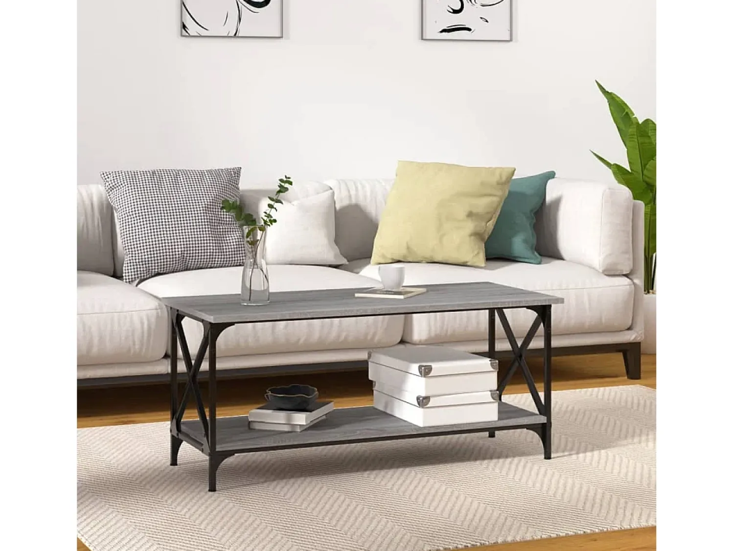 Discount Mesa de centro | Mesa de apoio 100x45x45cm derivados madeira/ferro cinza sonoma Cinzento