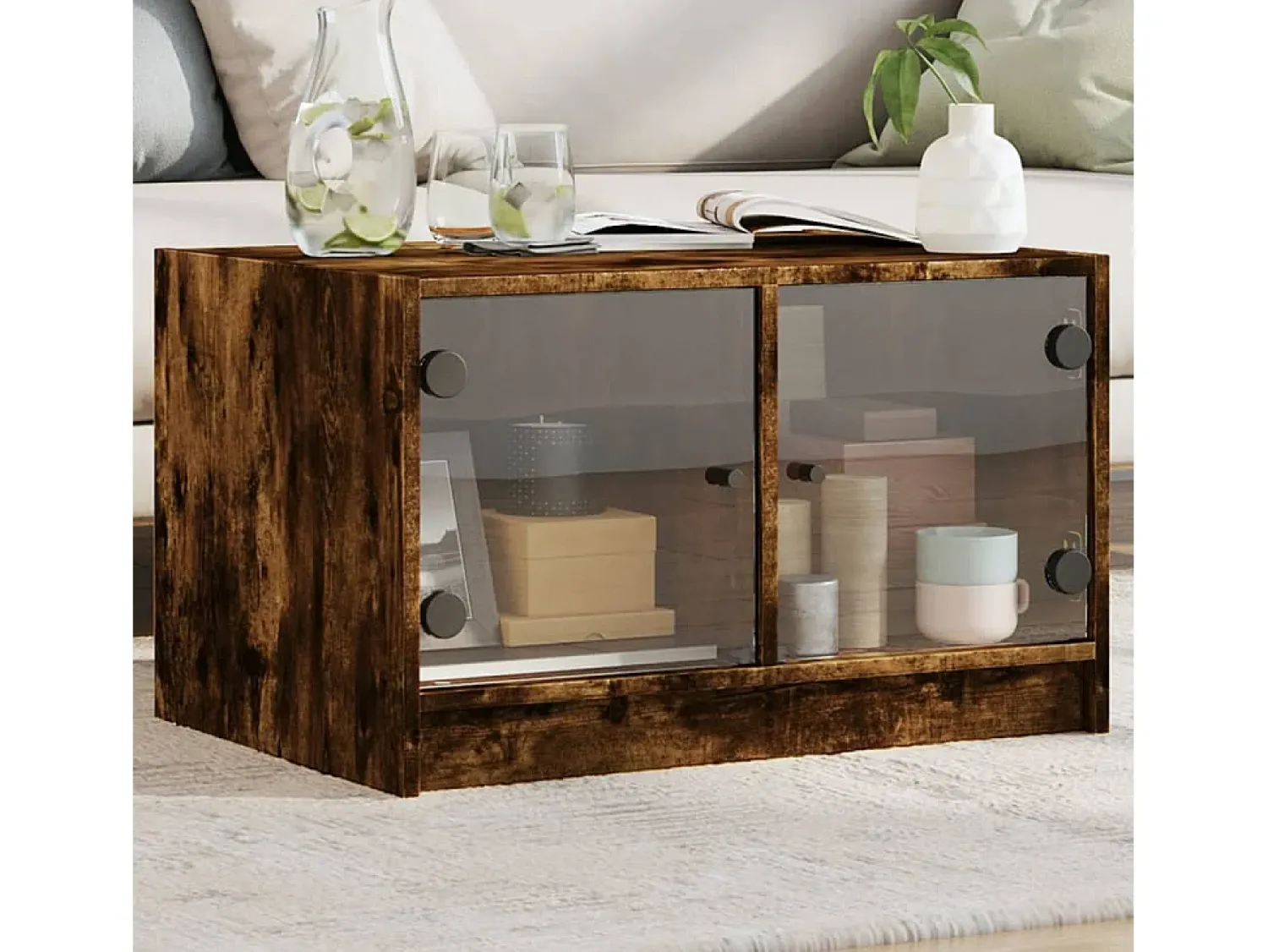 Mesa De Centro| Mesa de centro | Mesa de apoio c/ portas de vidro 68x50x42 cm carvalho fumado Castanho