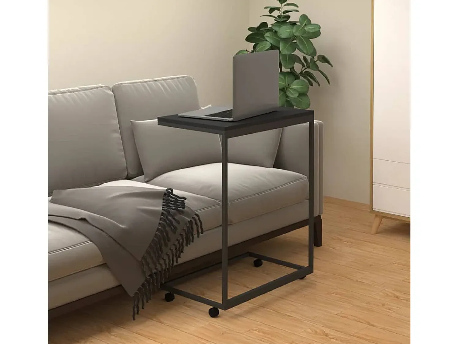 Mesa de centro | Mesa de apoio c/ rodas 55x35x70 cm derivados de madeira preta^ Mesa De Centro