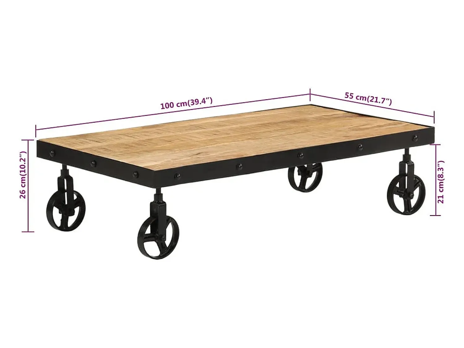 Mesa De Centro* Mesa de centro | Mesa de apoio c/ rodas madeira mangueira maciça 100x55x26 cm Castanho
