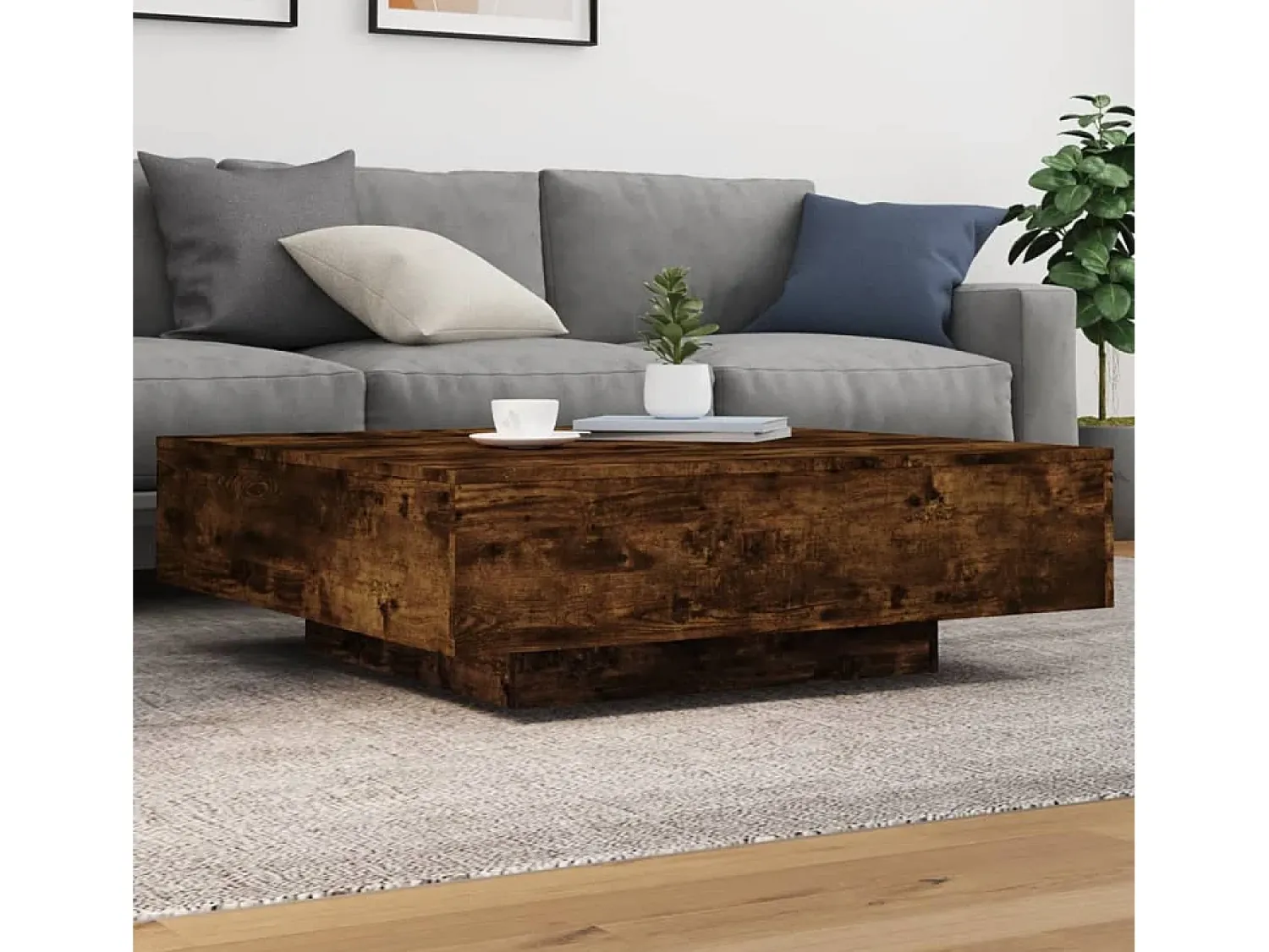 Best Mesa de centro | Mesa de apoio com luzes LED 100x100x31 cm carvalho fumado Castanho
