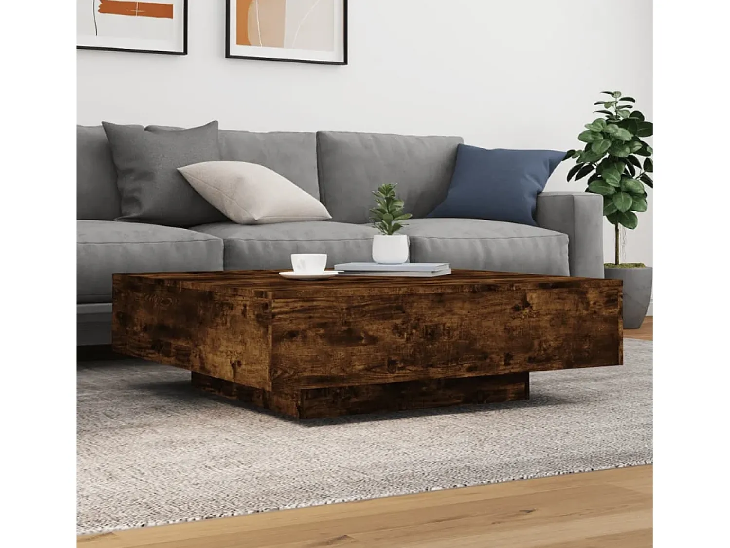 Best Mesa de centro | Mesa de apoio com luzes LED 100x100x31 cm carvalho fumado Castanho