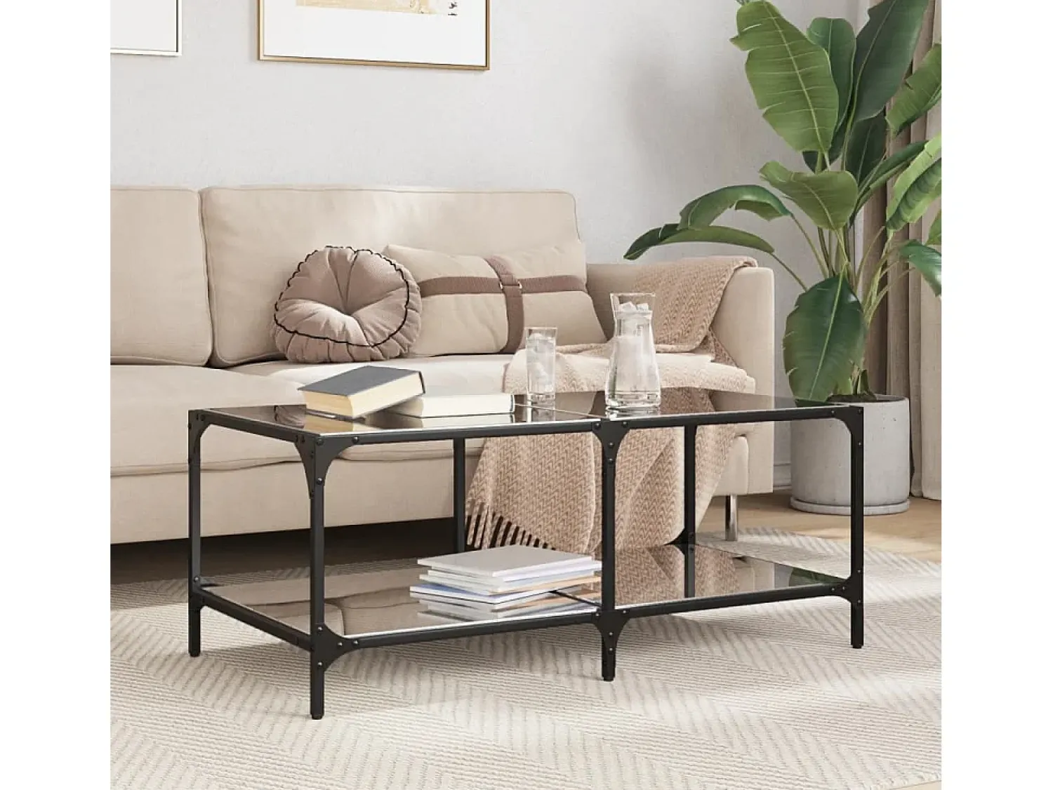 Mesa De Centro* Mesa de centro | Mesa de apoio com topo em vidro 98.5x50x40 cm aço Preto