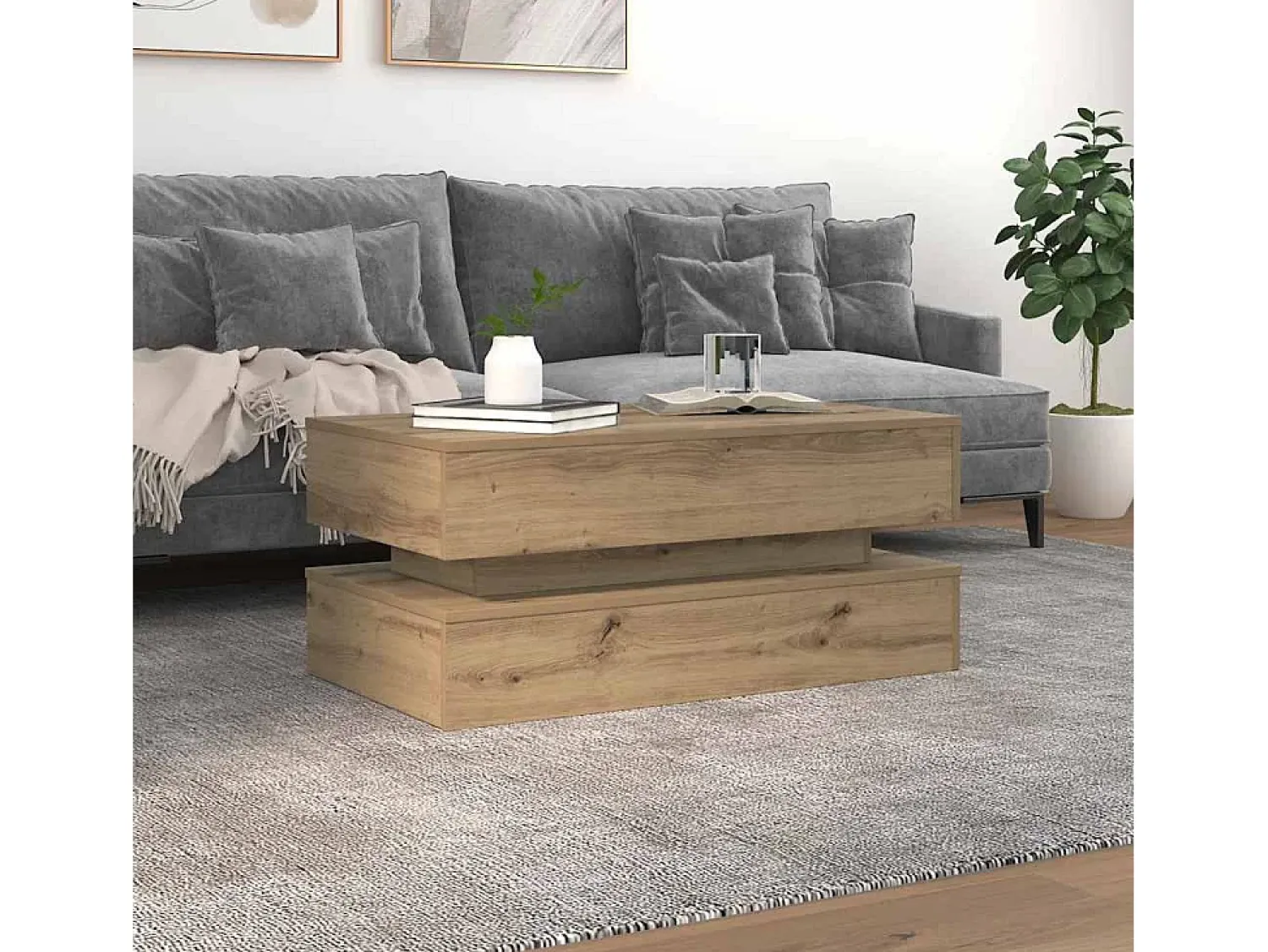 Mesa de centro | Mesa de apoio com luzes LED 90x50x40 cm carvalho artisiano Castanho