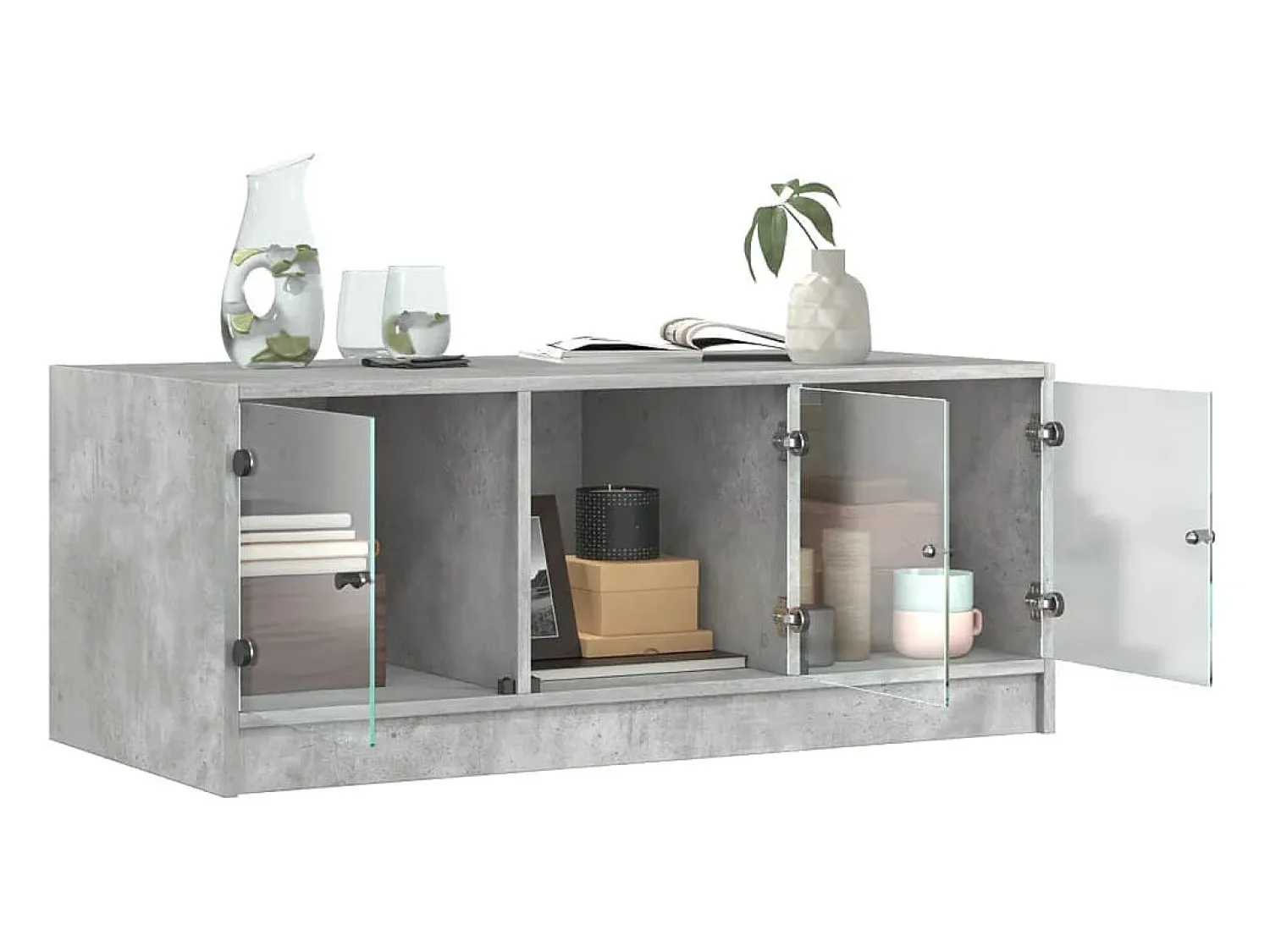 Mesa De Centro* Mesa de centro | Mesa de apoio c/ portas de vidro 102x50x42 cm cinza cimento Cinzento
