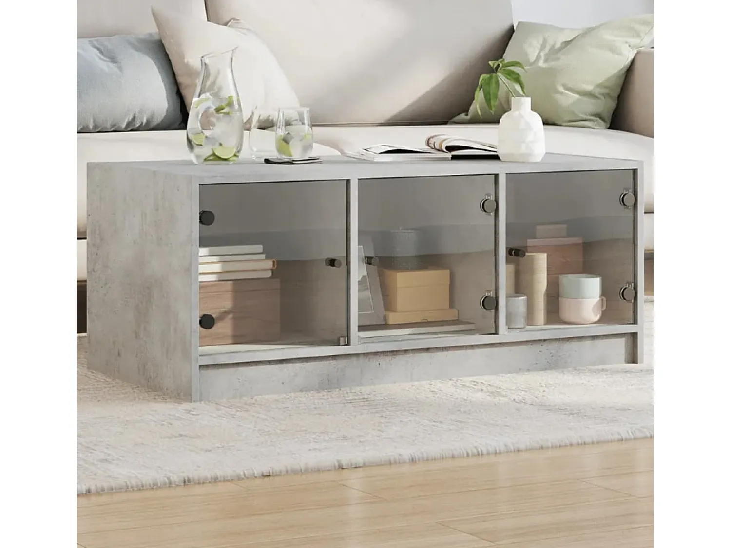 Mesa De Centro* Mesa de centro | Mesa de apoio c/ portas de vidro 102x50x42 cm cinza cimento Cinzento