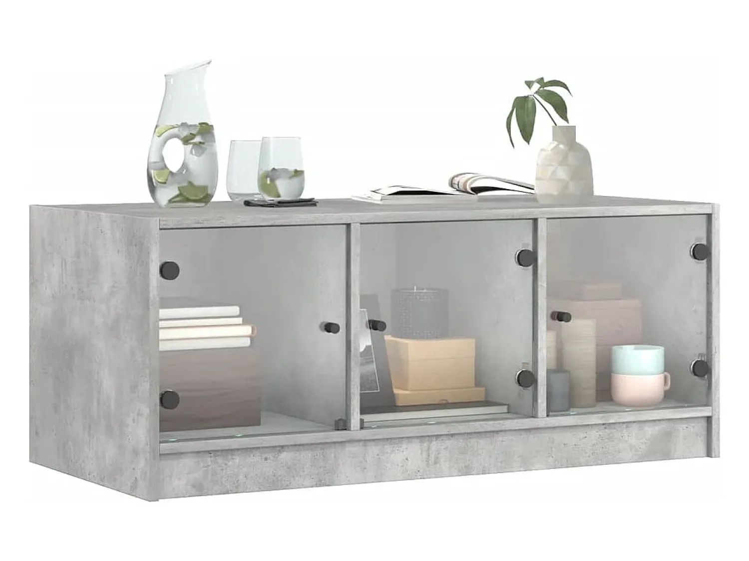 Mesa De Centro* Mesa de centro | Mesa de apoio c/ portas de vidro 102x50x42 cm cinza cimento Cinzento