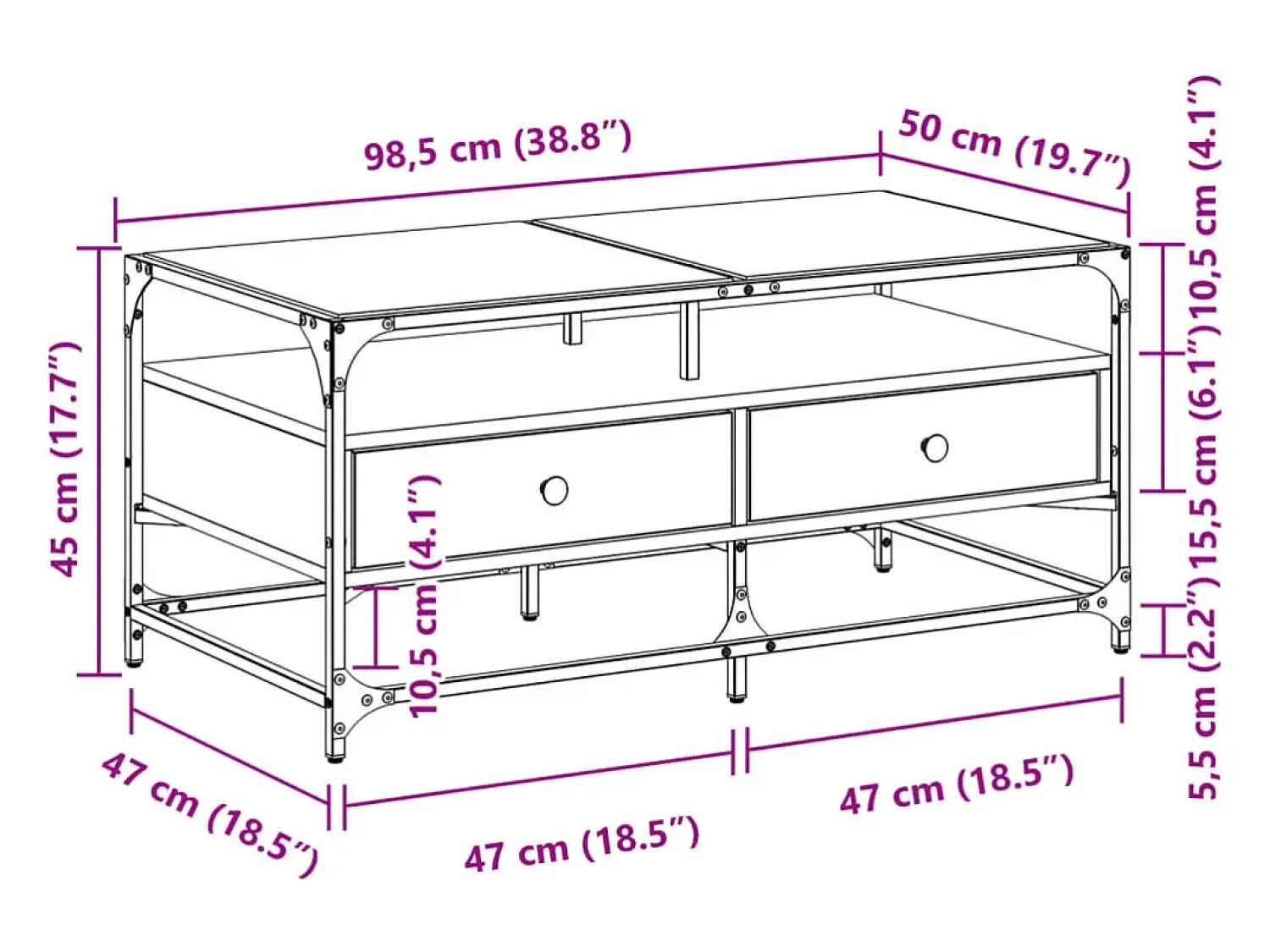 Mesa De Centro* Mesa de centro | Mesa de apoio c/ topo de vidro 98.5x50x45 cm cinza sonoma aço Cinzento