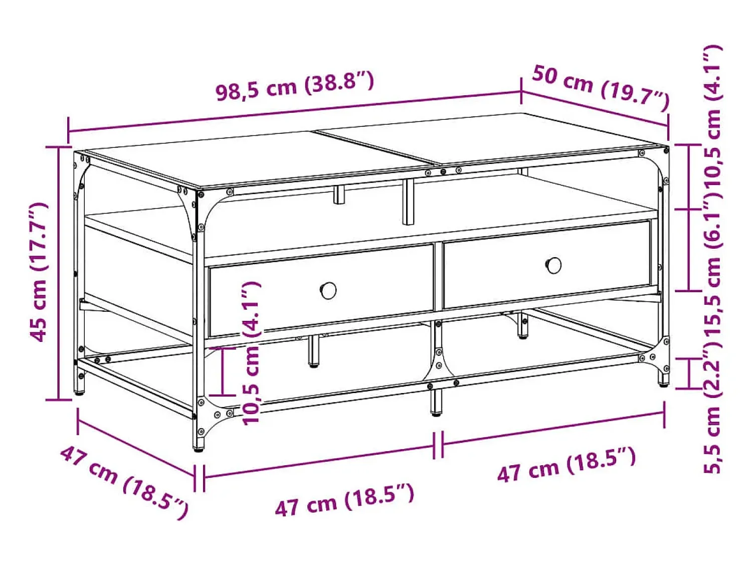 Mesa De Centro* Mesa de centro | Mesa de apoio c/ topo de vidro 98.5x50x45 cm cinza sonoma aço Cinzento