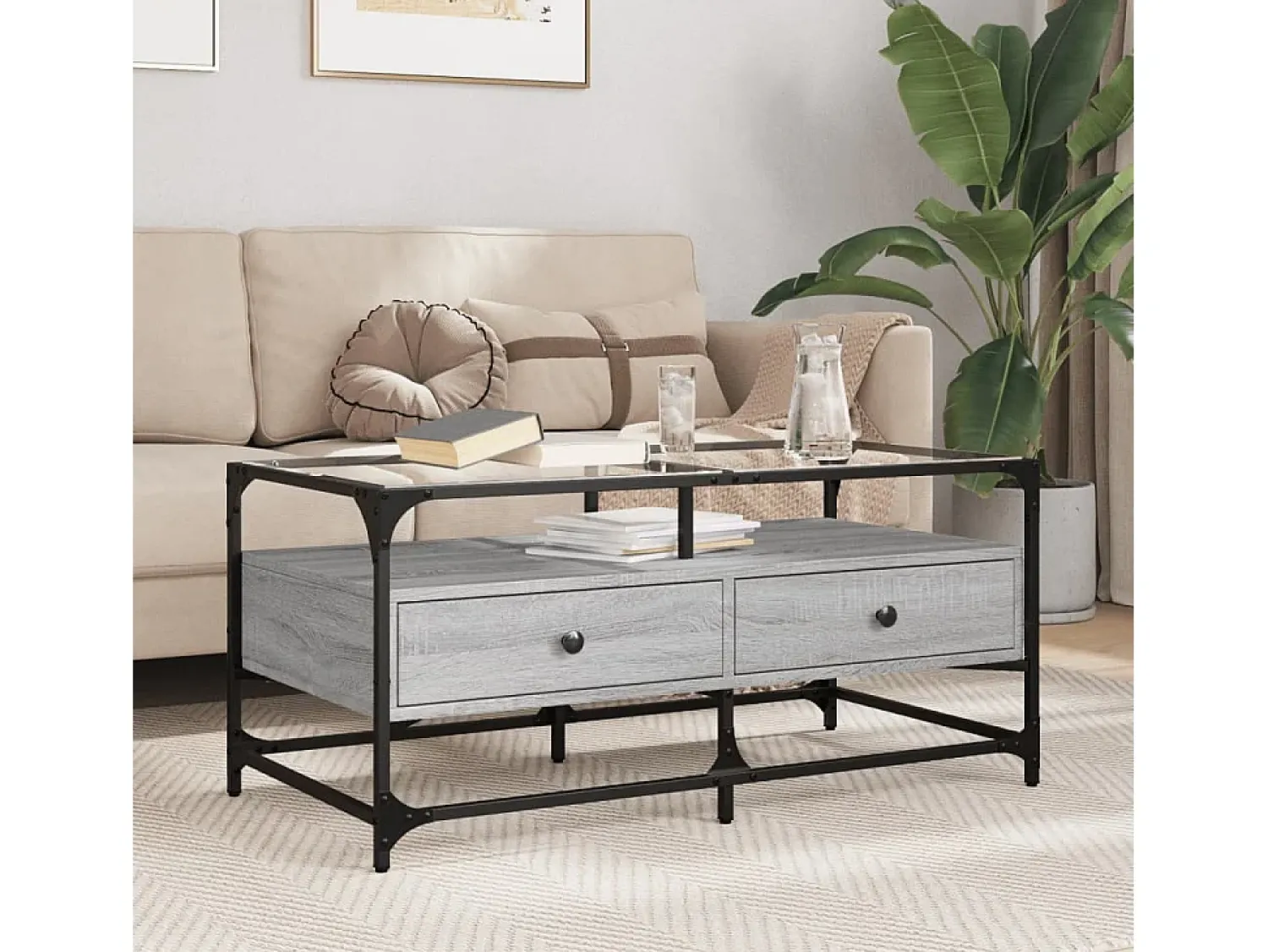 Mesa De Centro* Mesa de centro | Mesa de apoio c/ topo de vidro 98.5x50x45 cm cinza sonoma aço Cinzento