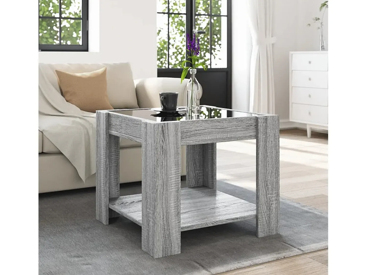 Discount Mesa de centro | Mesa de apoio c/ LEDs 53x53x45 cm derivados de madeira Cinzento