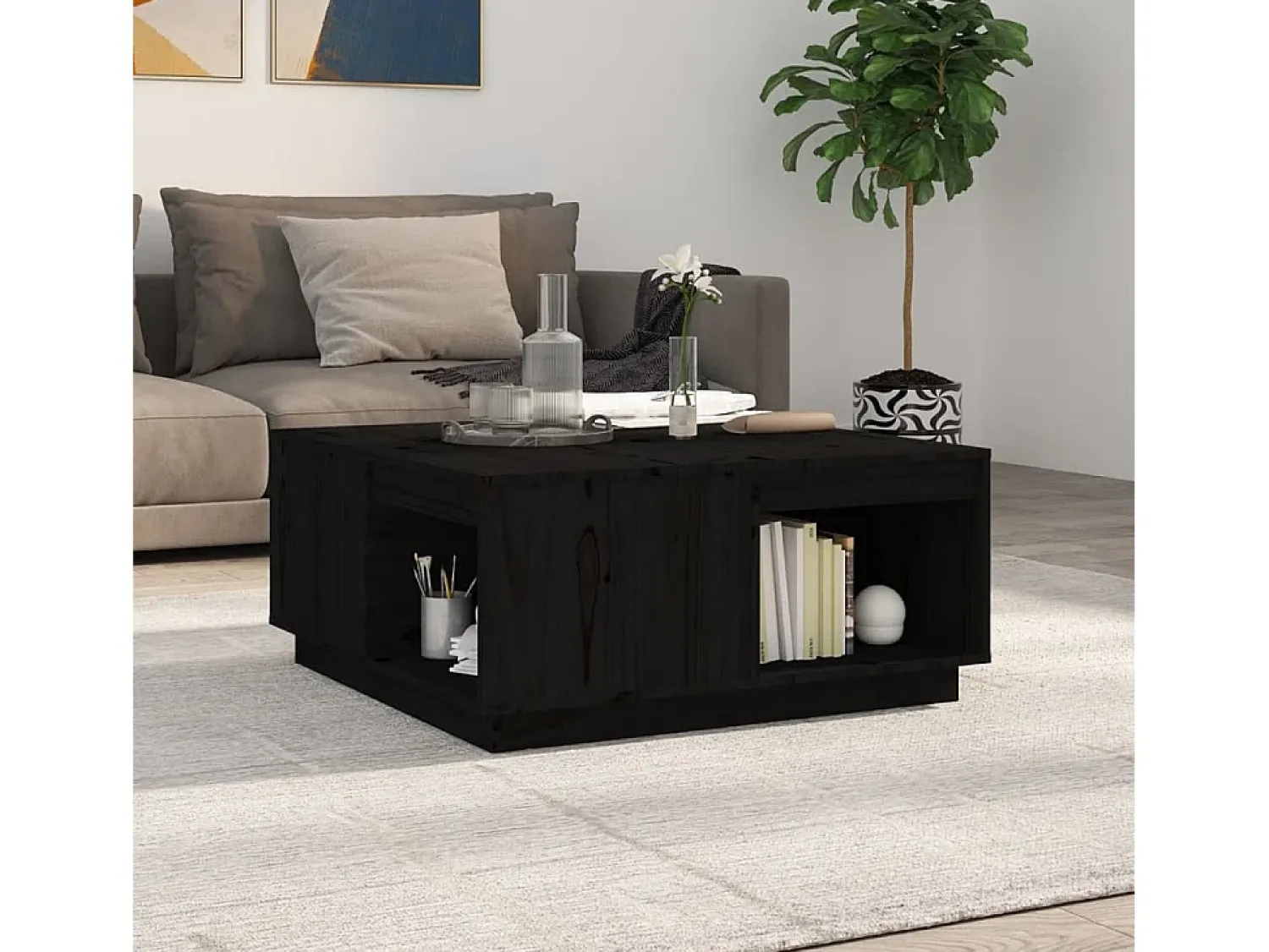Mesa De Centro| Mesa de centro | Mesa de apoio 80x81x36.5 cm madeira de pinho maciça Preto