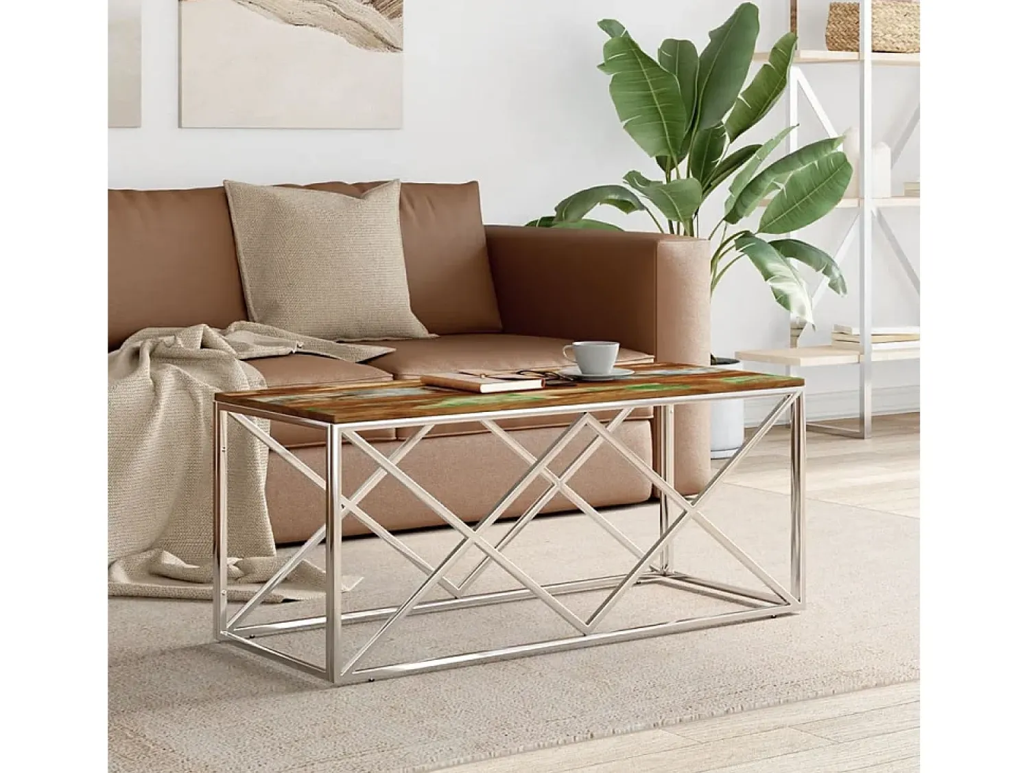 Mesa De Centro| Mesa de centro | Mesa de apoio | Mesa de café aço inoxidável e madeira recuperada maciça Multicor