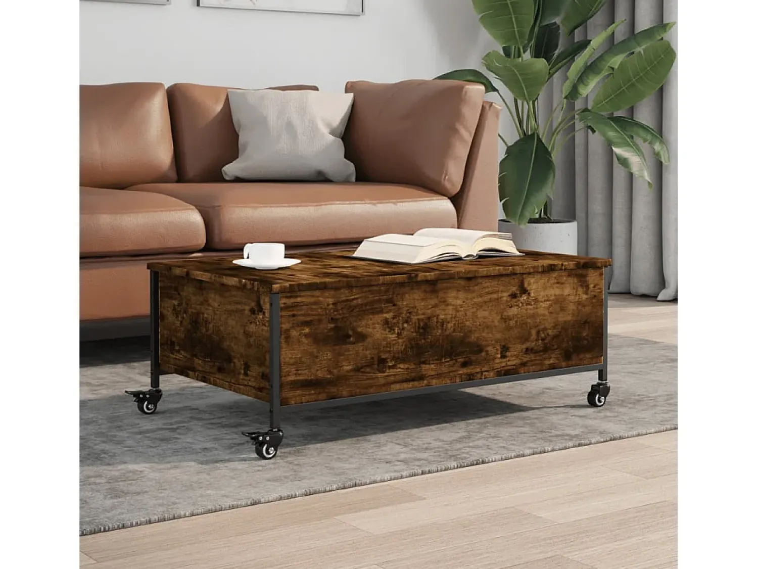 Mesa de centro | Mesa de apoio com rodas derivados de madeira carvalho fumado^ Mesa De Centro