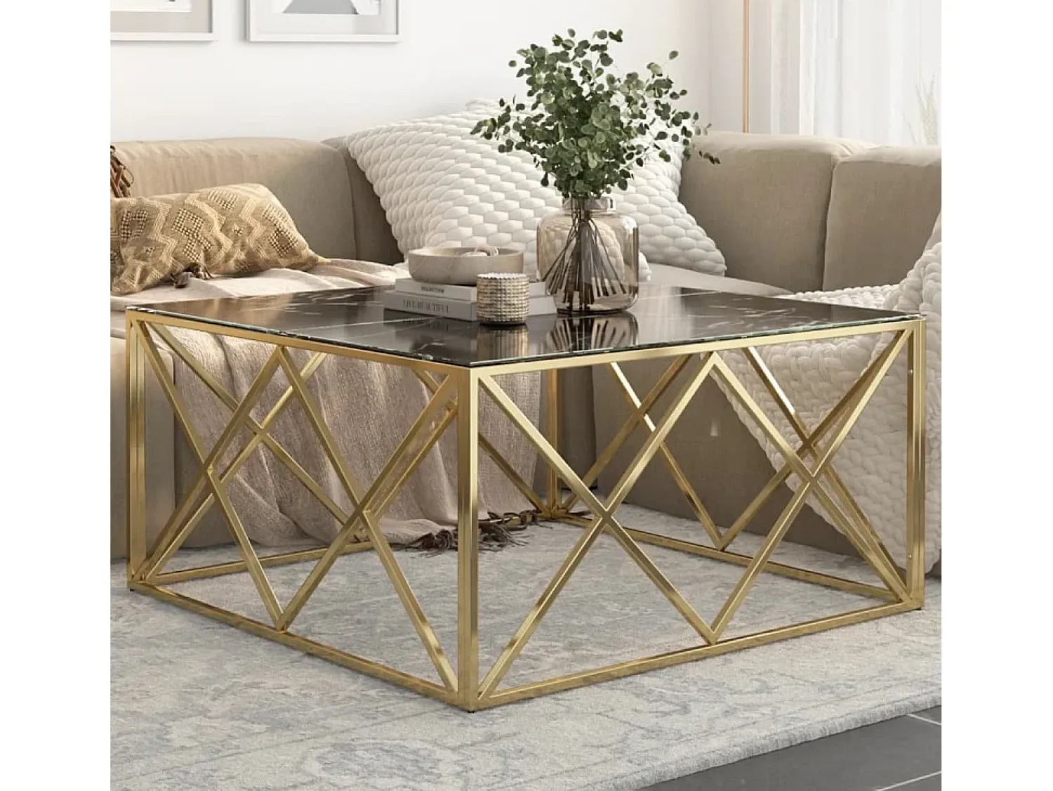 Mesa De Centro| Mesa de centro | Mesa de apoio aço inoxidável e vidro temperado dourado Cor de laranja