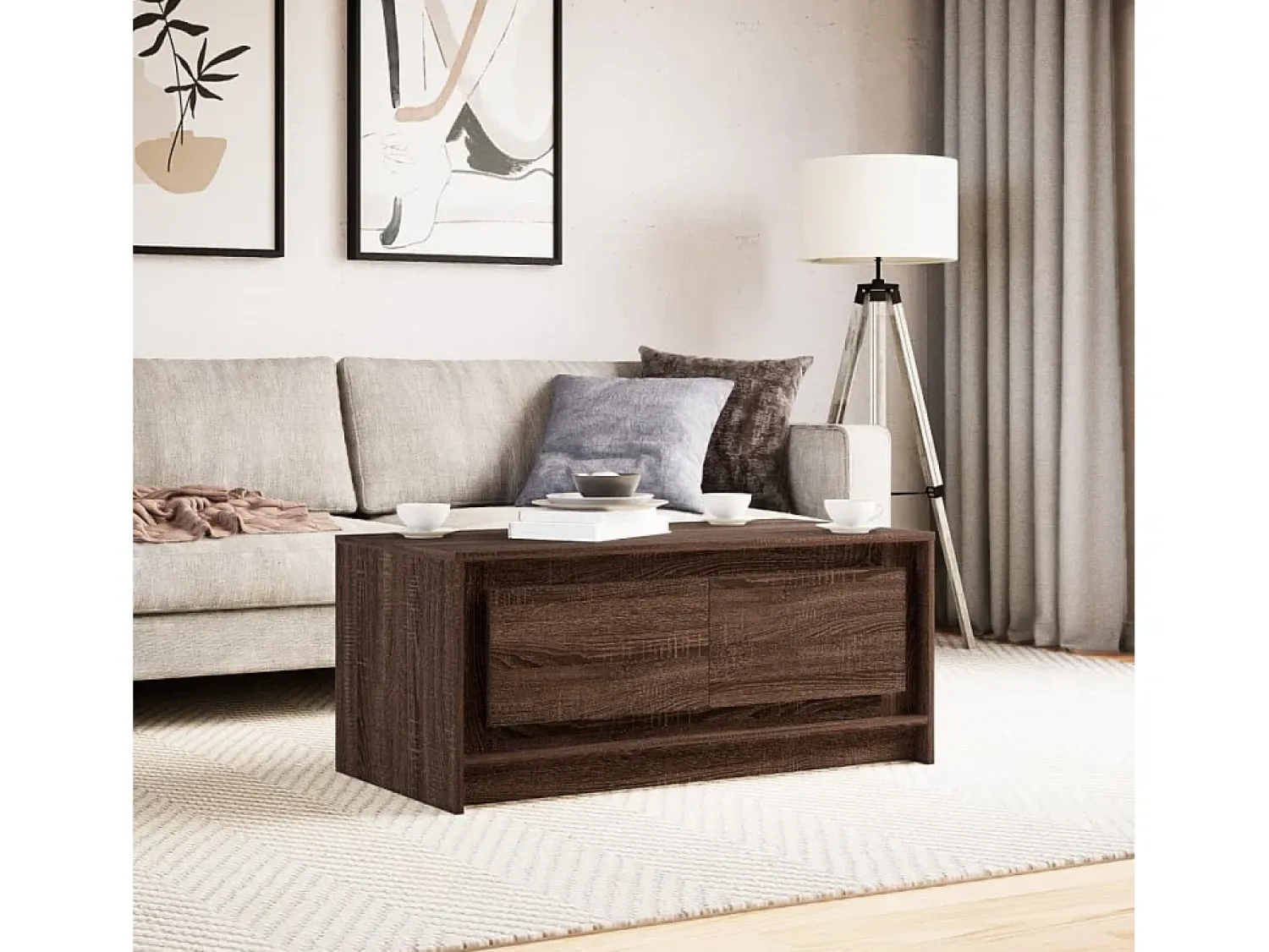 Discount Mesa de centro | Mesa de apoio c/ luzes LED derivados madeira carvalho Castanho
