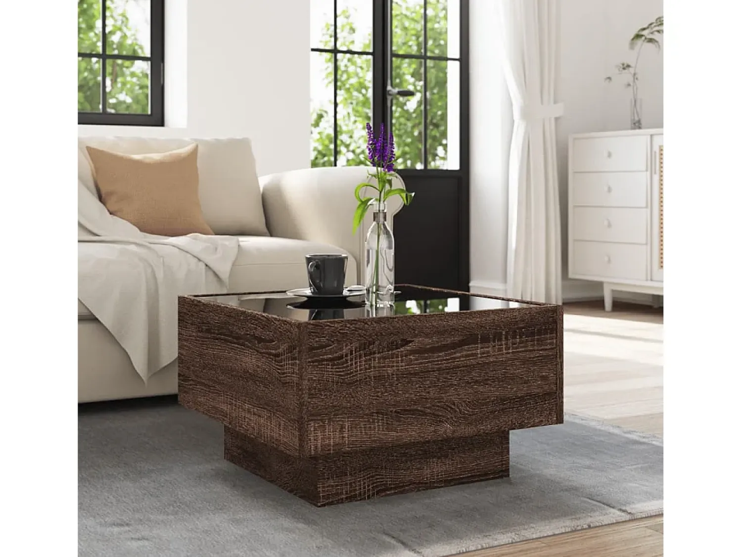 Outlet Mesa de centro | Mesa de apoio c/ LEDs 50x50x30 cm derivados de madeira Castanho