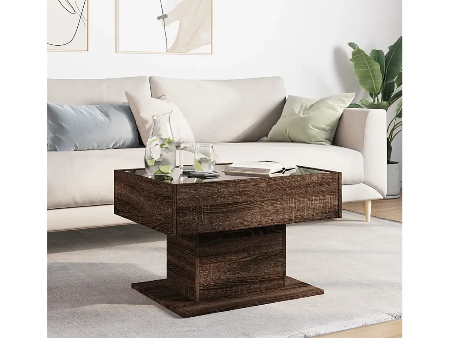 Mesa De Centro| Mesa de centro | Mesa de apoio c/ LEDs 70x50x45 cm derivados de madeira Castanho