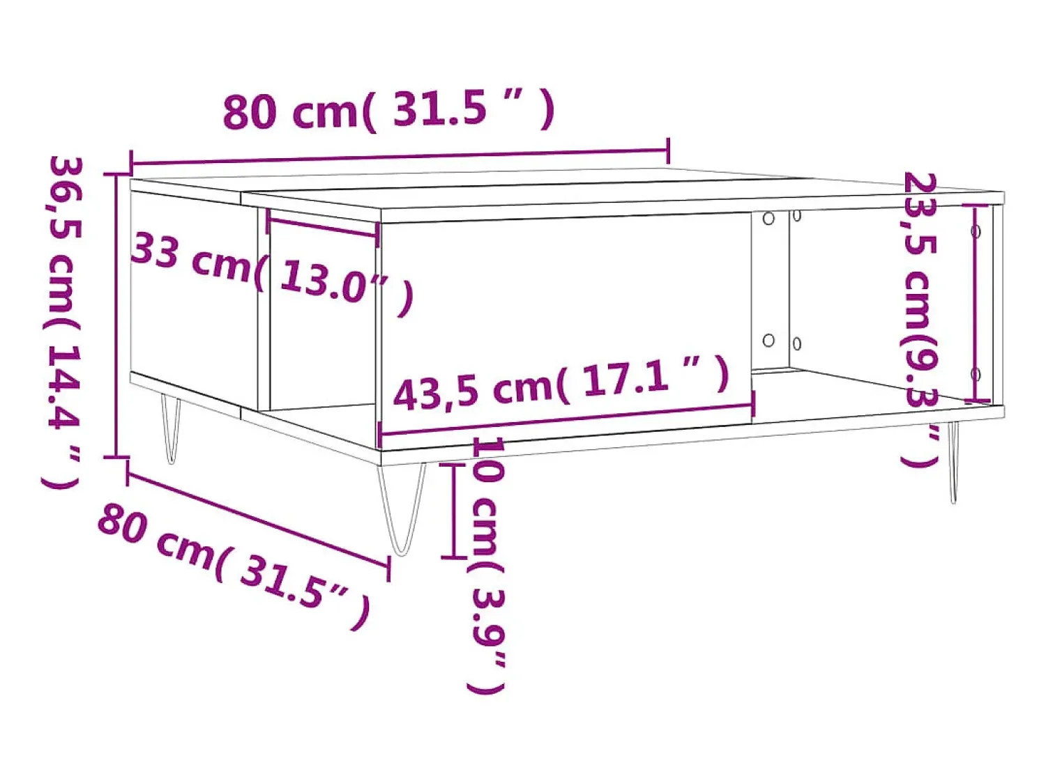 Mesa de centro | Mesa de apoio 80x80x36.5 cm derivados madeira carvalho fumado Castanho