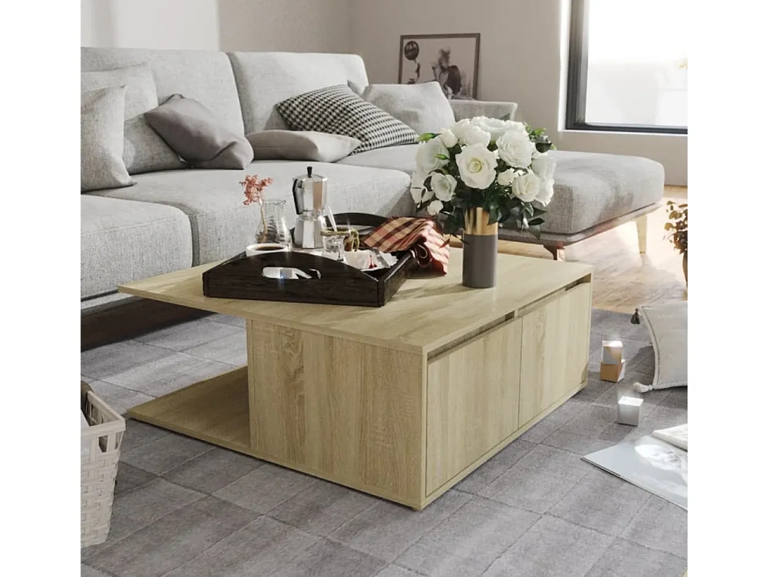 Mesa De Centro* Mesa de centro | Mesa de apoio 80x80x31 cm derivados de madeira carvalho sonoma Castanho