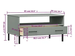 Mesa De Centro| Mesa de centro | Mesa de apoio pernas de metal 85x50x45 madeira maciça OSLO cinza Cinzento