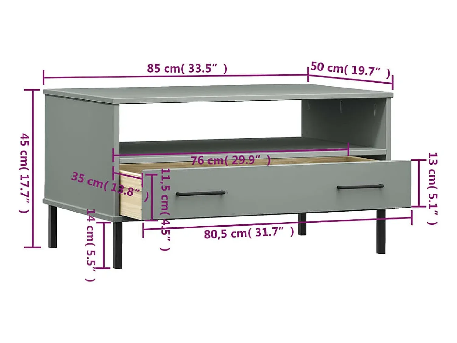 Mesa De Centro| Mesa de centro | Mesa de apoio pernas de metal 85x50x45 madeira maciça OSLO cinza Cinzento