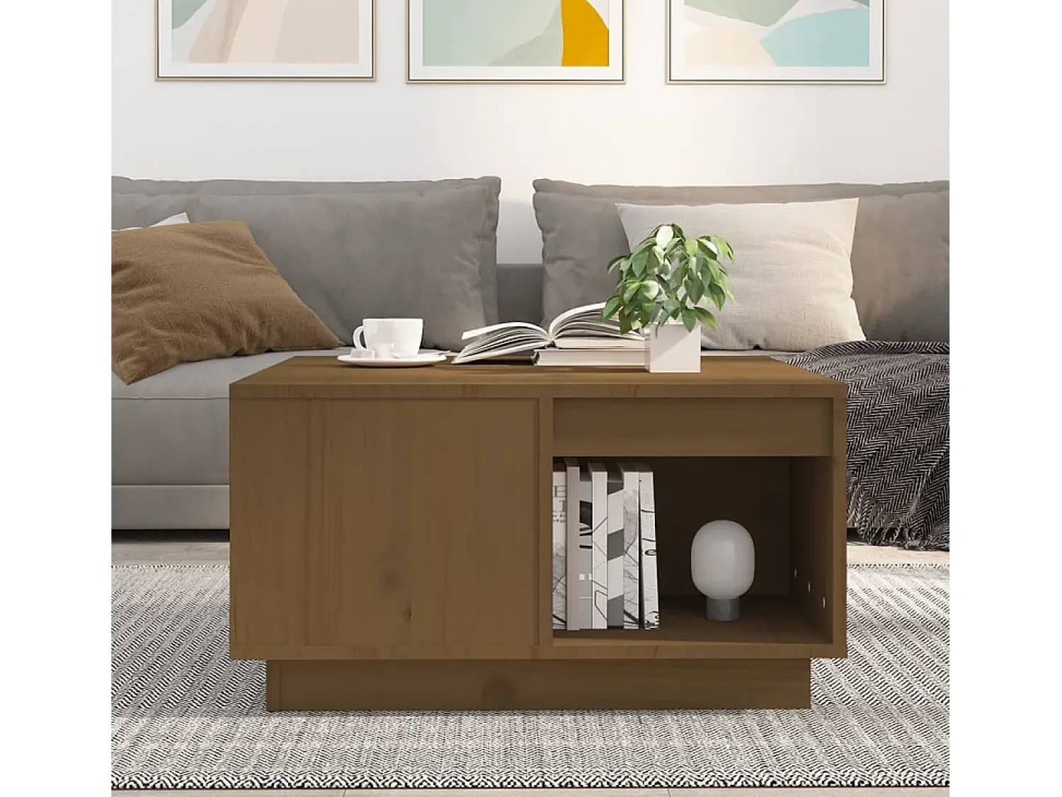 Mesa de centro | Mesa de apoio 60x61x32.5 cm madeira pinho maciça -mel^ Mesa De Centro