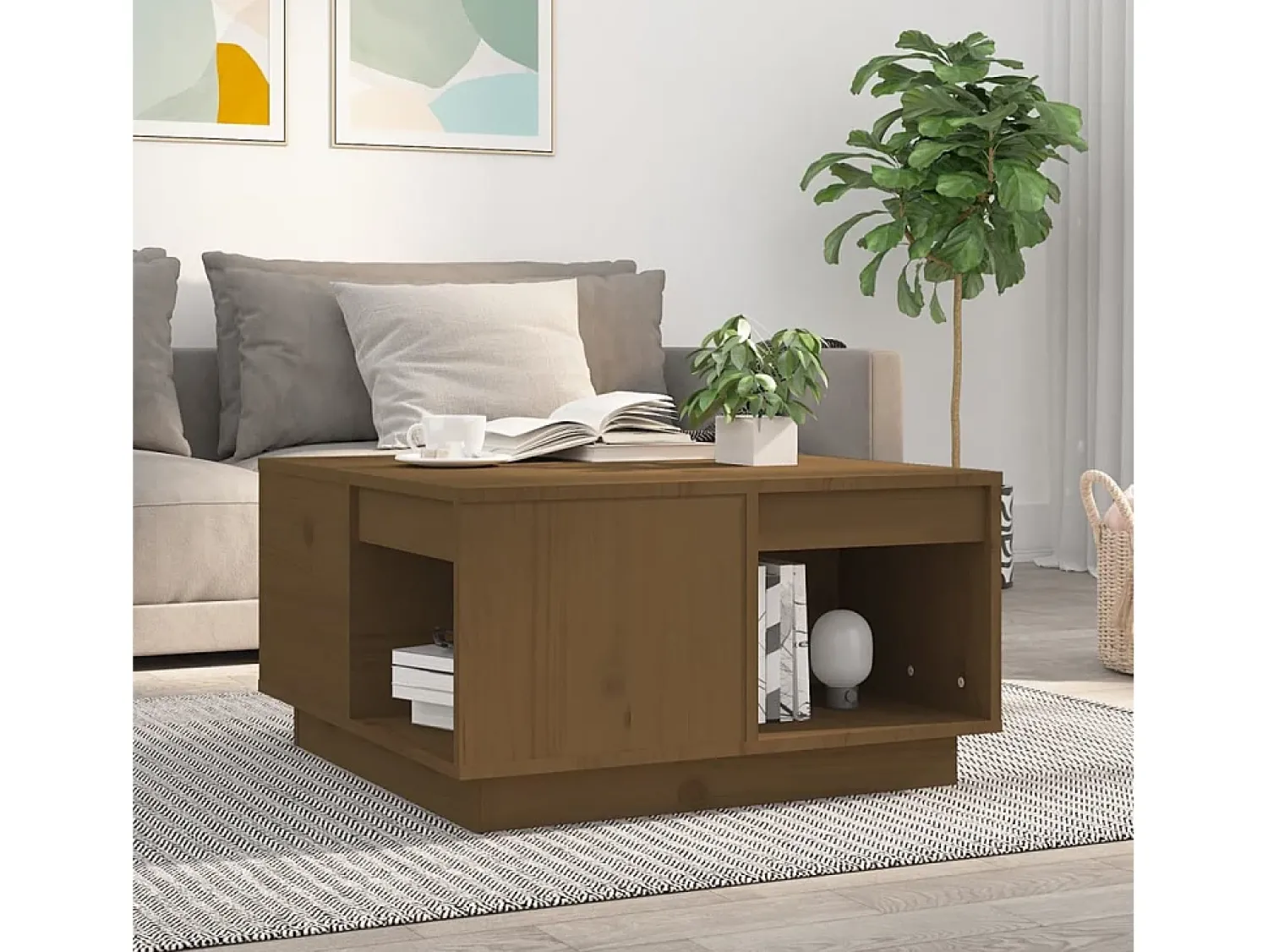 Mesa de centro | Mesa de apoio 60x61x32.5 cm madeira pinho maciça -mel^ Mesa De Centro