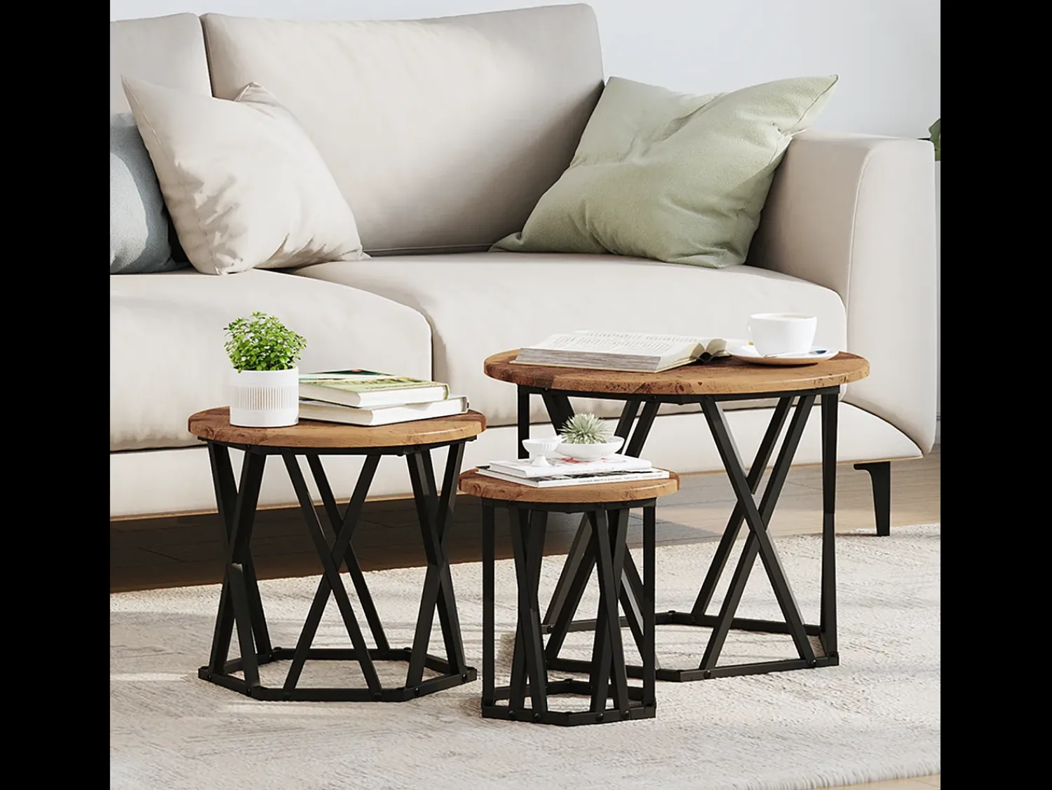 Mesa De Centro* Mesa de centro | Mesa Lateral Empilhável 3 pcs Madeira antiga 53x53x40 cm Castanho
