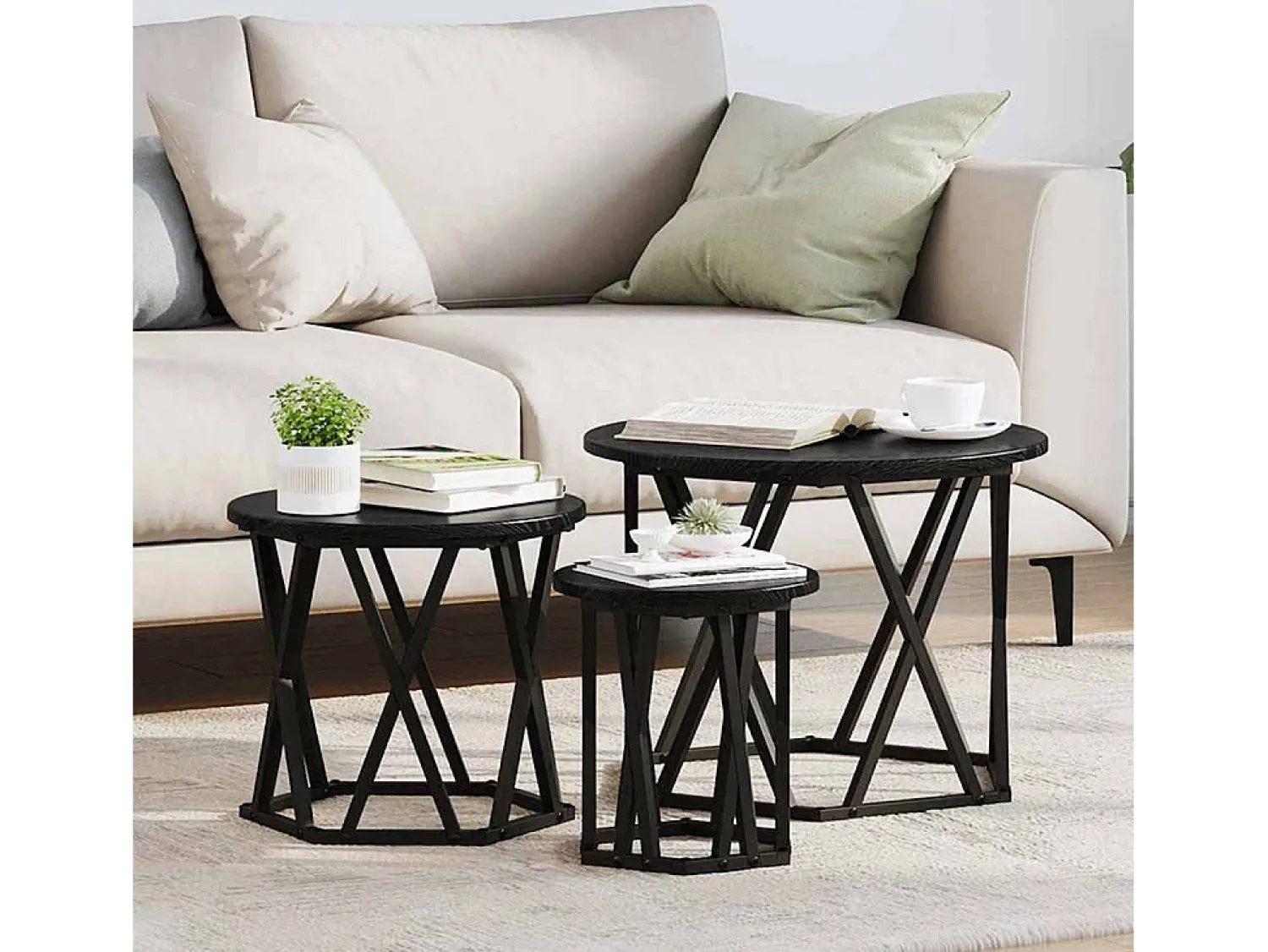 Mesa De Centro| Mesa de centro | Mesa Lateral Empilhável 3 pcs Carvalho 53x53x40 cm Preto