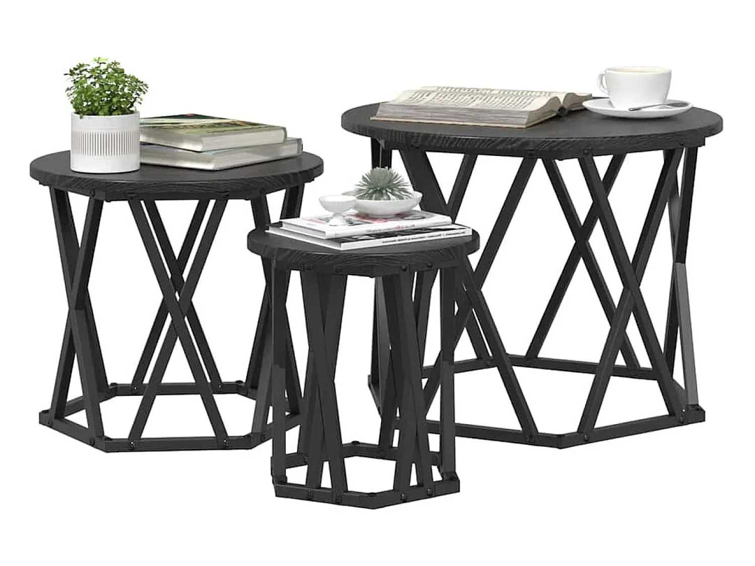 Mesa De Centro| Mesa de centro | Mesa Lateral Empilhável 3 pcs Carvalho 53x53x40 cm Preto