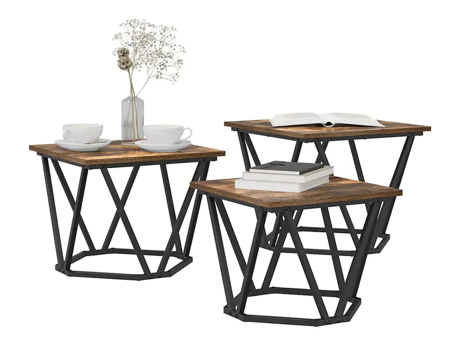 New Mesa de centro 3 pcs Carvalho fumado 50x50x40 cm Castanho