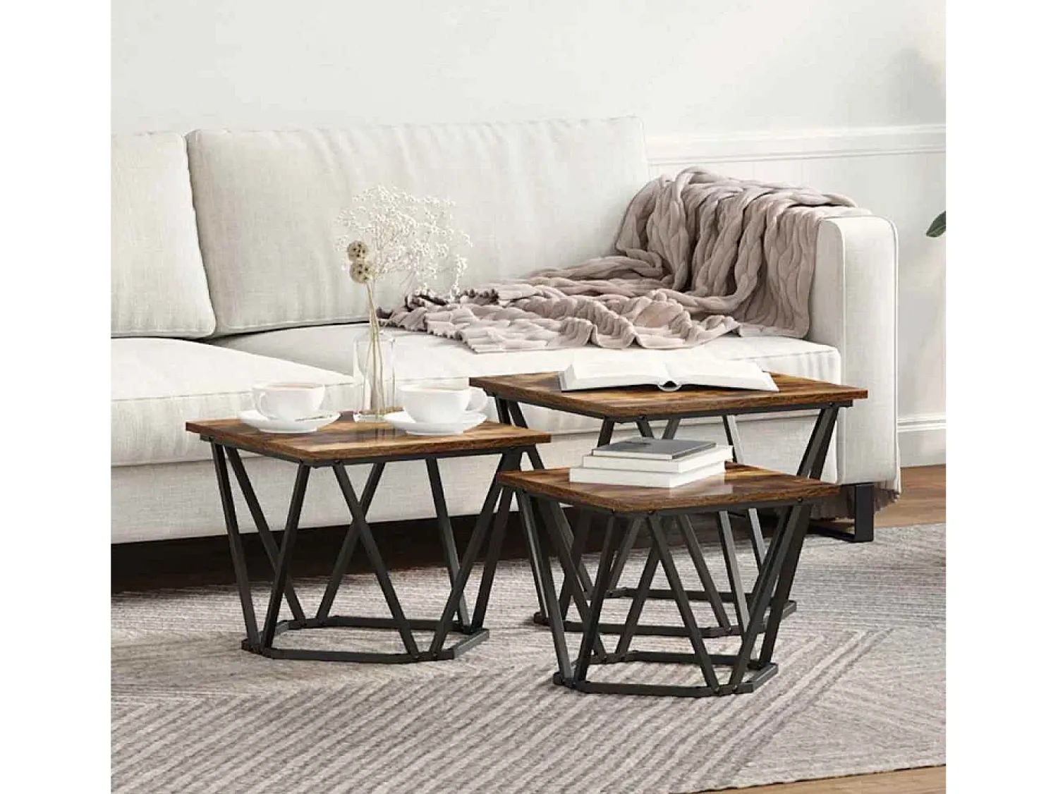 New Mesa de centro 3 pcs Carvalho fumado 50x50x40 cm Castanho