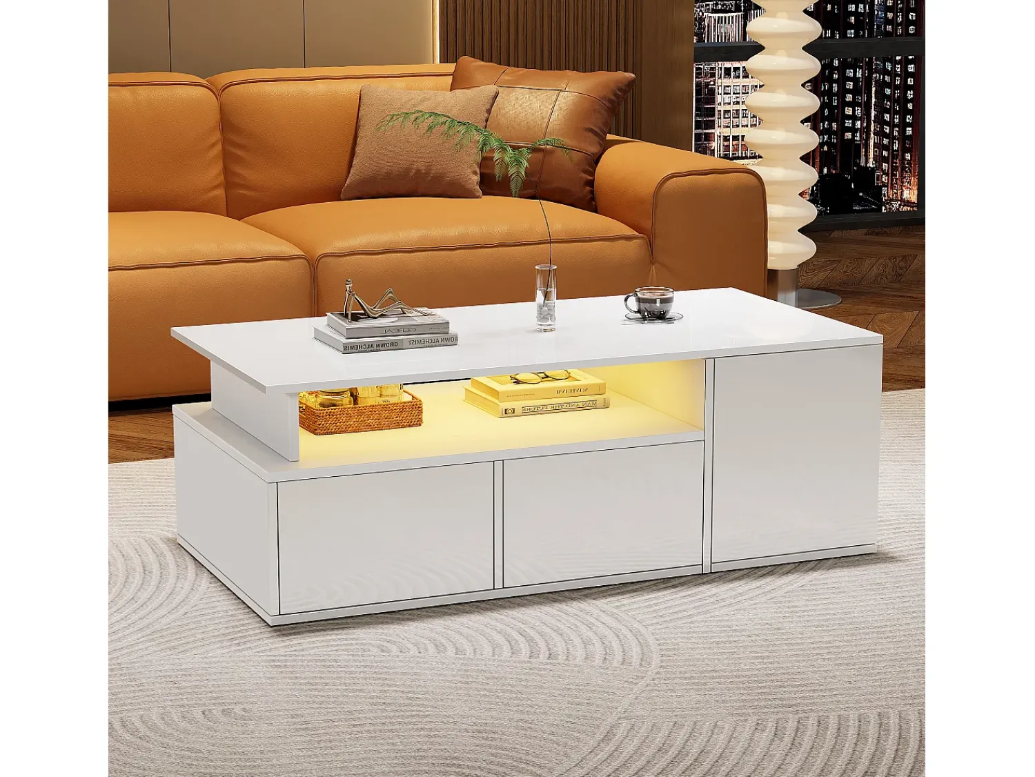 Hauss Spole Mesa de centro 100 x 50 x 35 cm com iluminação LED e 2 gavetas - Branca^ Mesa De Centro