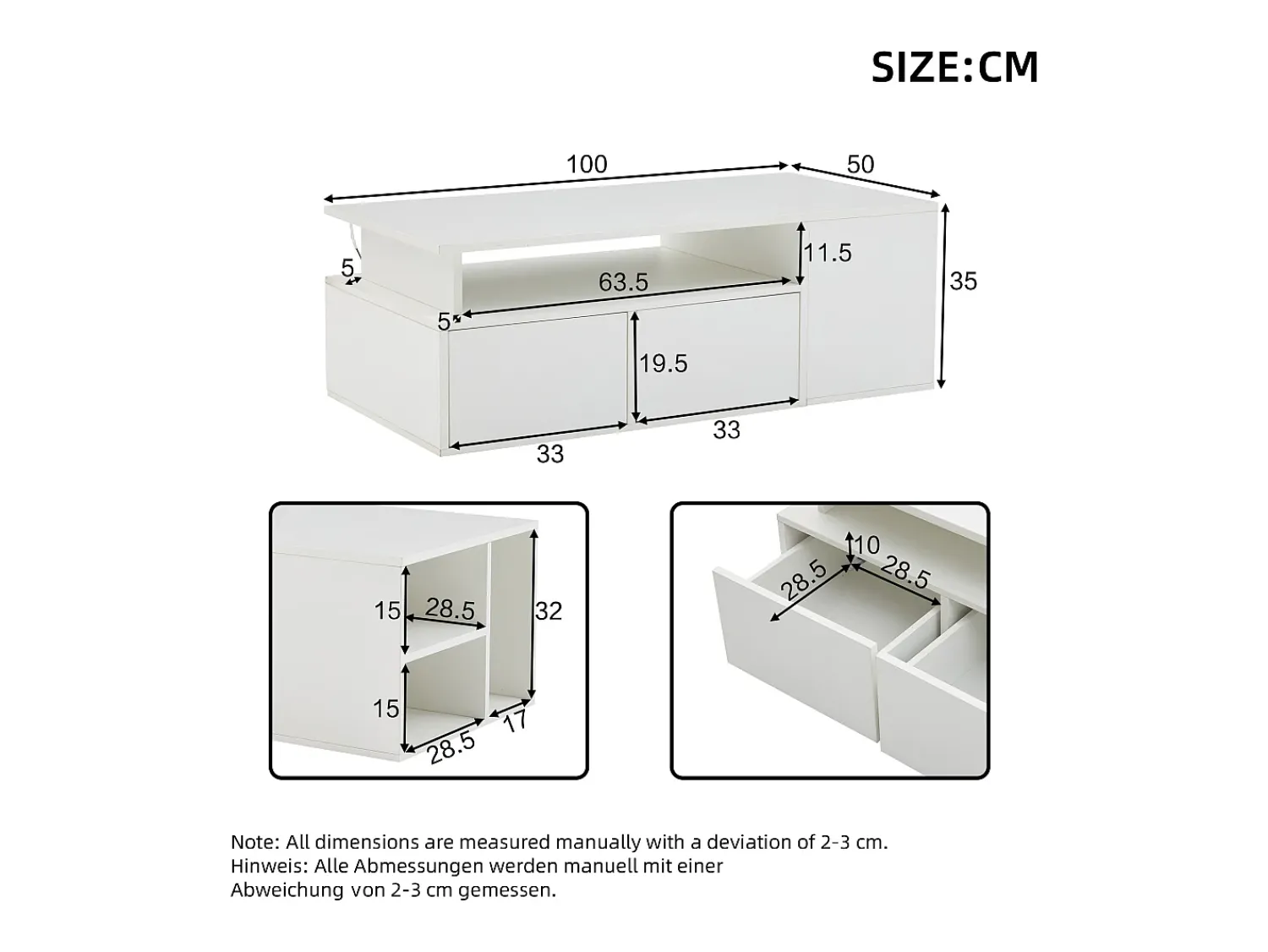 Hauss Spole Mesa de centro 100 x 50 x 35 cm com iluminação LED e 2 gavetas - Branca^ Mesa De Centro