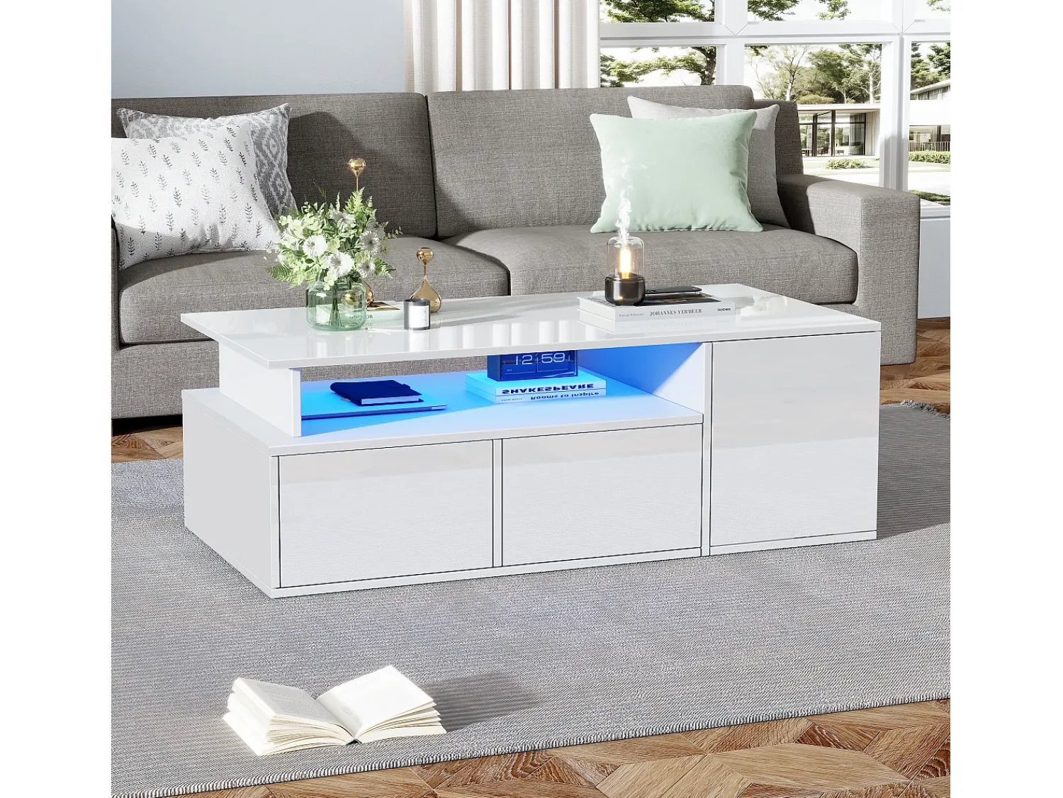 Hauss Spole Mesa de centro 100 x 50 x 35 cm com iluminação LED e 2 gavetas - Branca^ Mesa De Centro