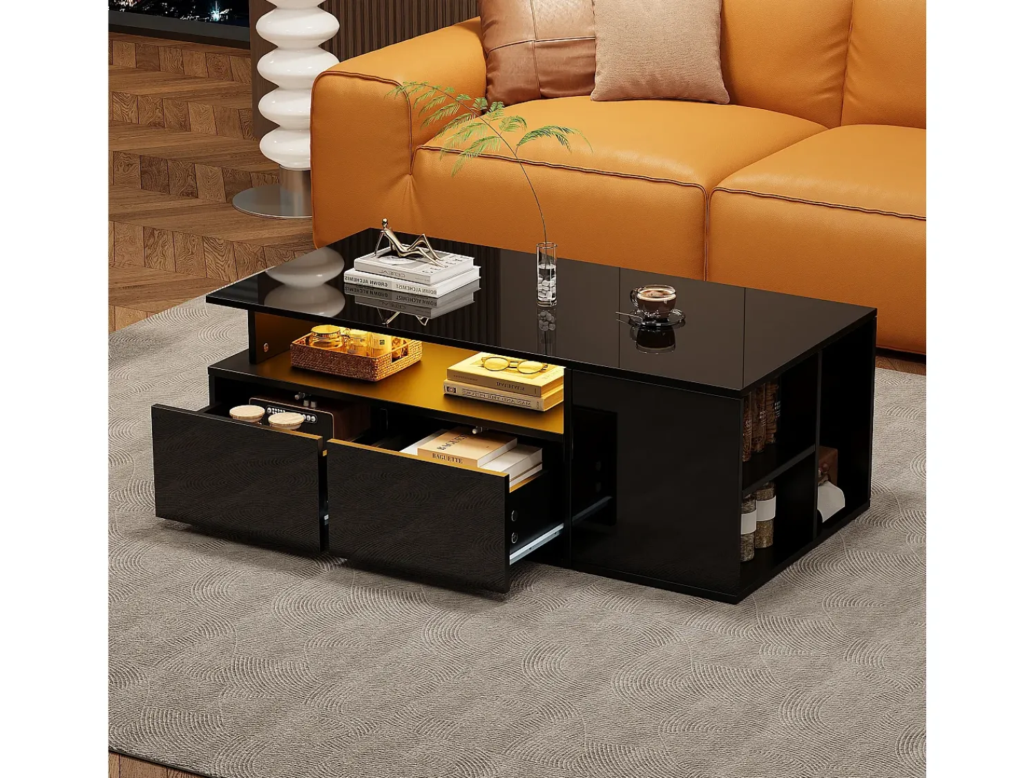 Mesa De Centro|Hauss Spole Mesa de centro 100 x 50 x 35 cm com iluminação LED e 2 gavetas - Preta Preto
