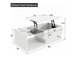 Sale Mesa de centro, 100 x 50 x 33/47,5 cm, com tampo de vidro e efeito LED, branca Branco