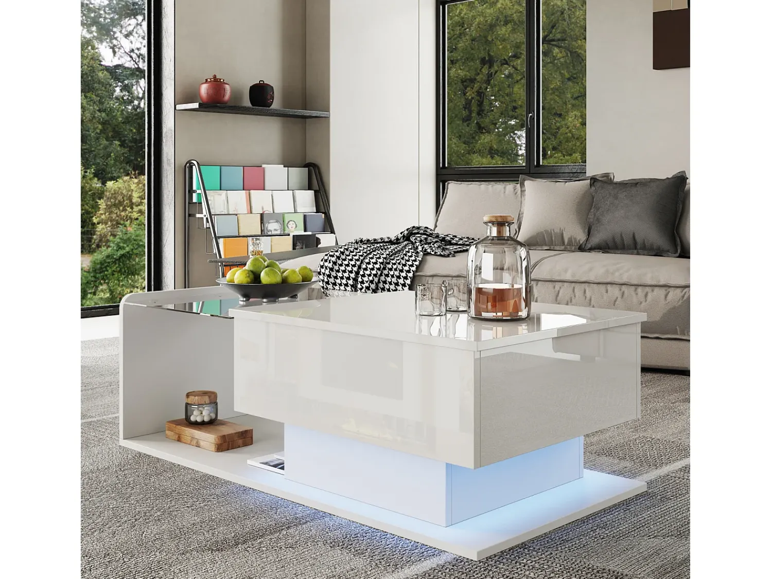 Sale Mesa de centro, 100 x 50 x 33/47,5 cm, com tampo de vidro e efeito LED, branca Branco