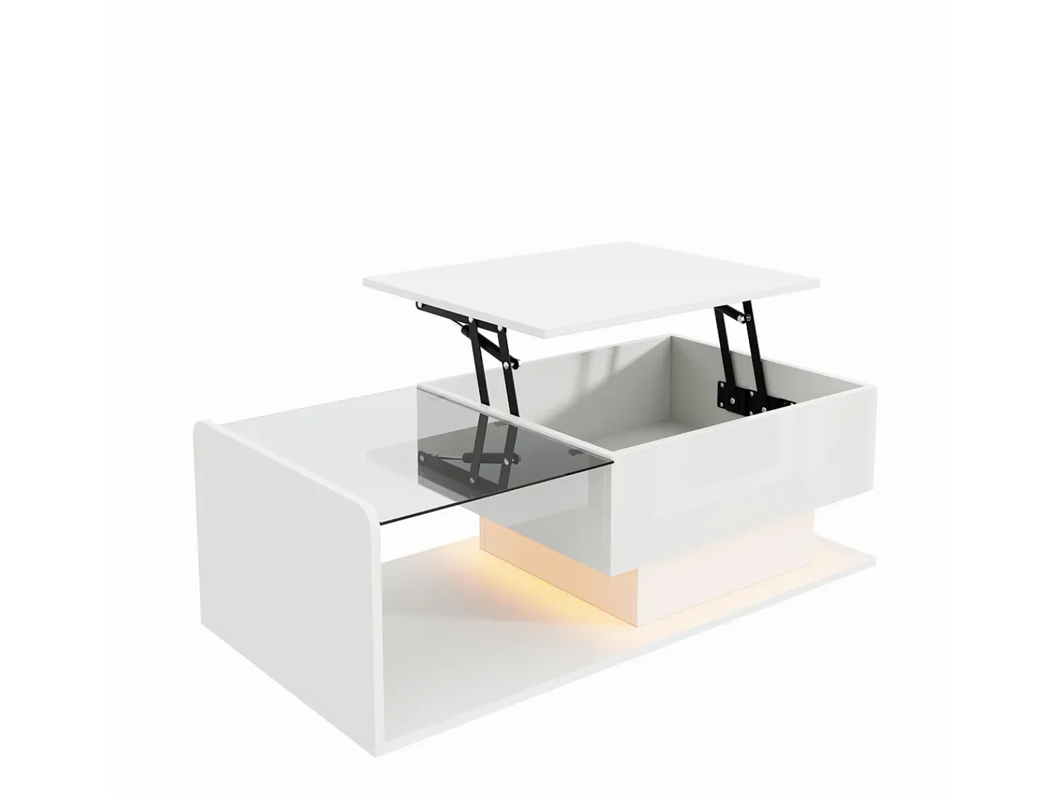 Sale Mesa de centro, 100 x 50 x 33/47,5 cm, com tampo de vidro e efeito LED, branca Branco