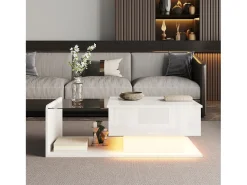 Sale Mesa de centro, 100 x 50 x 33/47,5 cm, com tampo de vidro e efeito LED, branca Branco