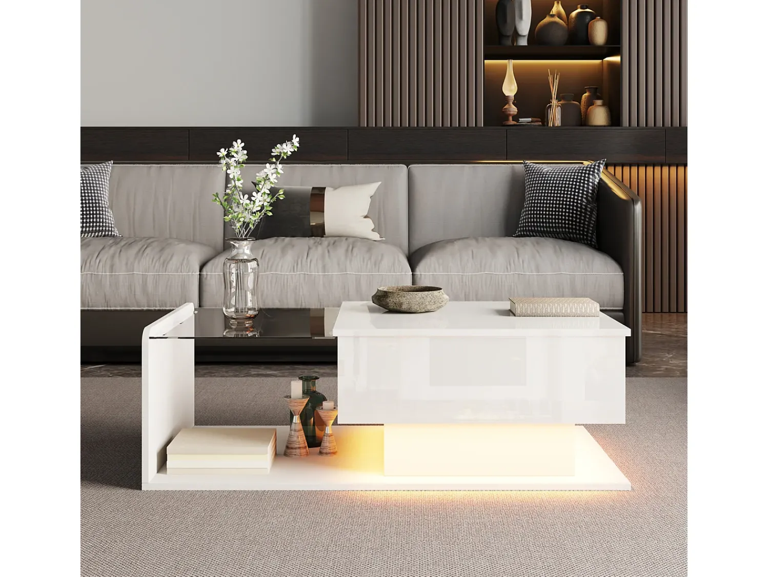 Sale Mesa de centro, 100 x 50 x 33/47,5 cm, com tampo de vidro e efeito LED, branca Branco