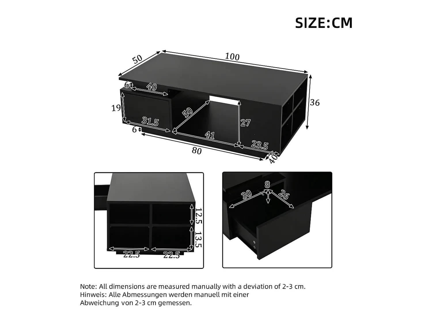 Mesa De Centro*Hauss Spole Mesa de centro 100 x 50 x 36 cm com gaveta, LED - Preta Preto